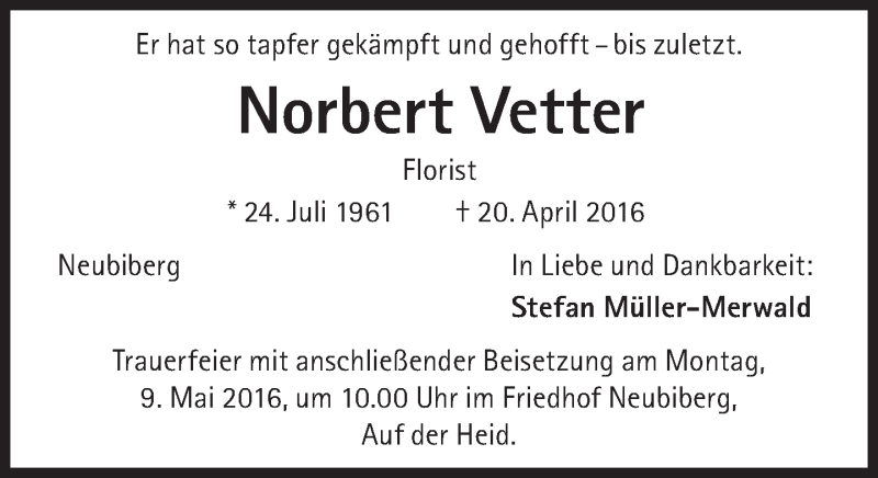  Traueranzeige für Norbert Vetter vom 30.04.2016 aus Süddeutsche Zeitung