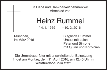 Traueranzeige von Heinz Rummel von Süddeutsche Zeitung