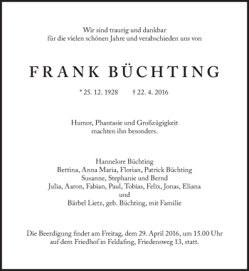 Traueranzeige von Frank Büchting von Süddeutsche Zeitung