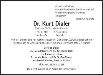 Traueranzeige von Kurt Dialer von Süddeutsche Zeitung