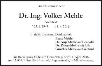 Traueranzeige von Volker Mehle von Süddeutsche Zeitung