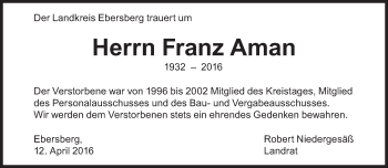 Traueranzeige von Franz Aman von Süddeutsche Zeitung