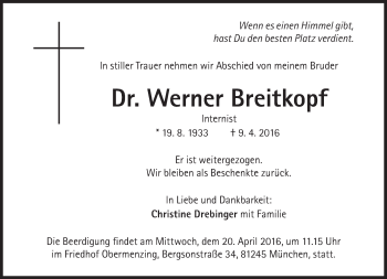 Traueranzeige von Werner Breitkopf von Süddeutsche Zeitung