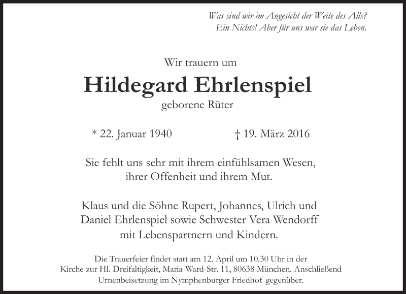  Traueranzeige für Hildegard Ehrlenspiel vom 02.04.2016 aus Süddeutsche Zeitung