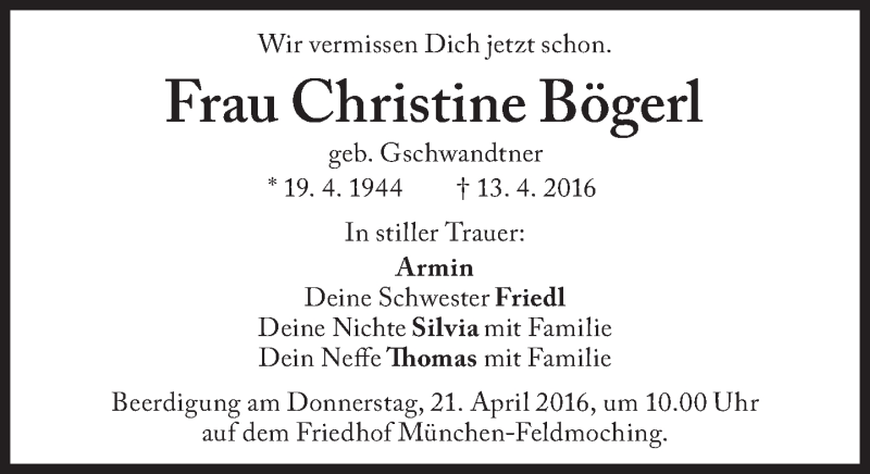  Traueranzeige für Christine Bögerl vom 18.04.2016 aus Süddeutsche Zeitung