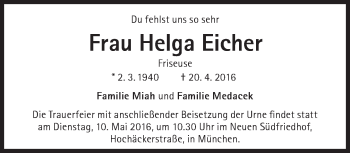 Traueranzeige von Helga Eicher von Süddeutsche Zeitung
