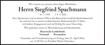Traueranzeige von Siegfried Spachmann von Süddeutsche Zeitung
