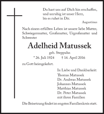 Traueranzeige von Adelheid Matussek von Süddeutsche Zeitung