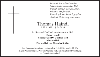 Traueranzeige von Thomas Haindl von Süddeutsche Zeitung