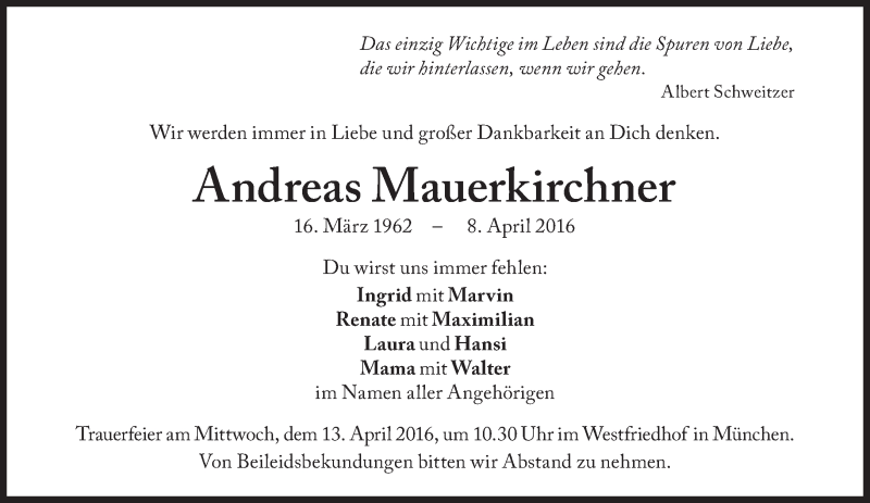  Traueranzeige für Andreas Mauerkirchner vom 13.04.2016 aus Süddeutsche Zeitung