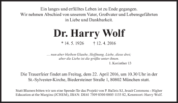 Traueranzeige von Harry Wolf  von Süddeutsche Zeitung