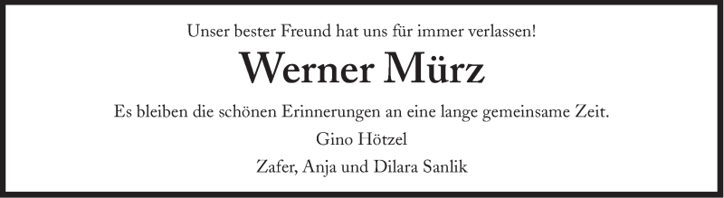  Traueranzeige für Werner Mürz vom 19.04.2016 aus Süddeutsche Zeitung