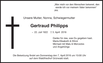 Traueranzeige von Gertraud Philipps von Süddeutsche Zeitung