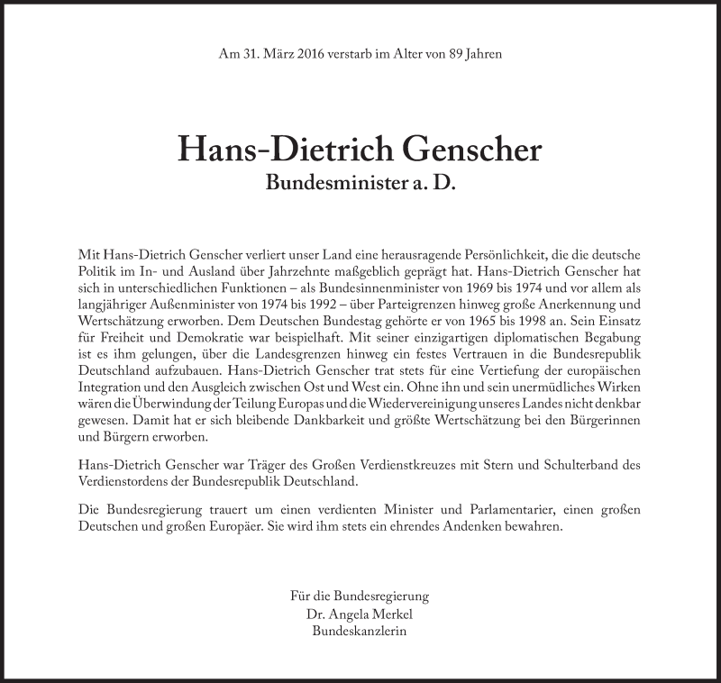  Traueranzeige für Hans-Dietrich Genscher vom 06.04.2016 aus Süddeutsche Zeitung