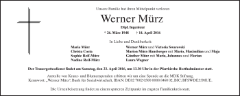 Traueranzeige von Werner Mürz von Süddeutsche Zeitung