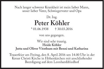 Traueranzeige von Peter Köhler von Süddeutsche Zeitung