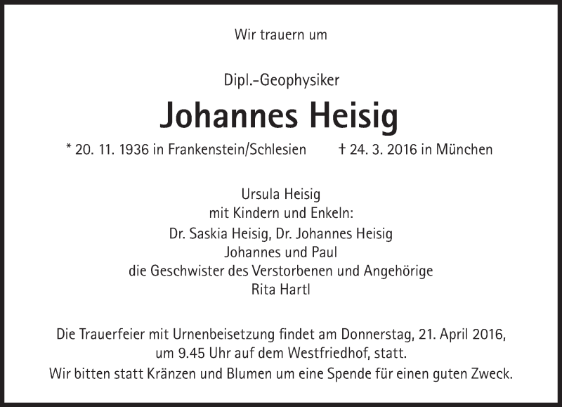  Traueranzeige für Johannes Heisig vom 09.04.2016 aus Süddeutsche Zeitung