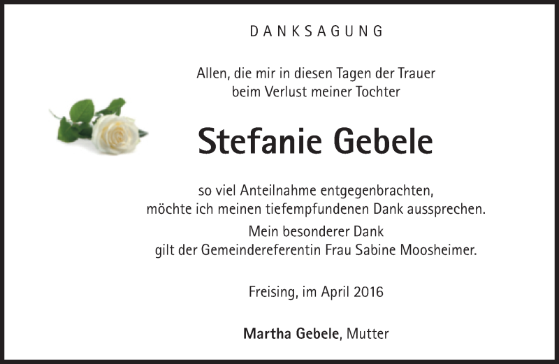  Traueranzeige für Stefanie Gebele vom 02.04.2016 aus Süddeutsche Zeitung