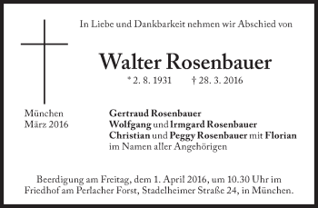 Traueranzeige von Walter Rosenbauer von Süddeutsche Zeitung