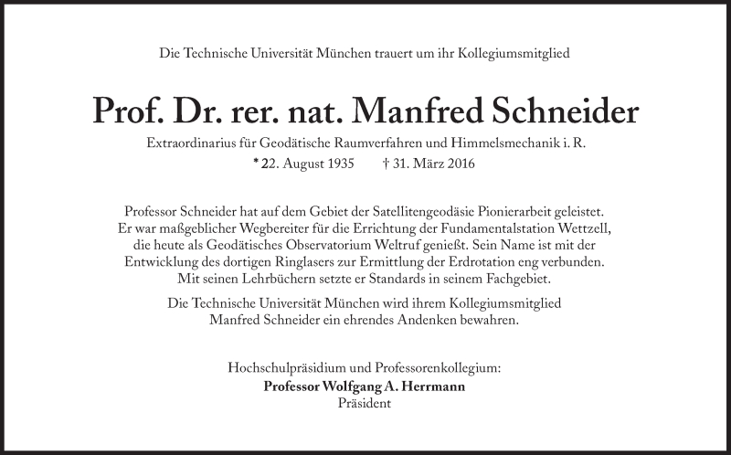  Traueranzeige für Manfred Schneider vom 16.04.2016 aus Süddeutsche Zeitung