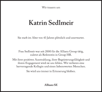 Traueranzeige von Katrin Sedlmeir von Süddeutsche Zeitung