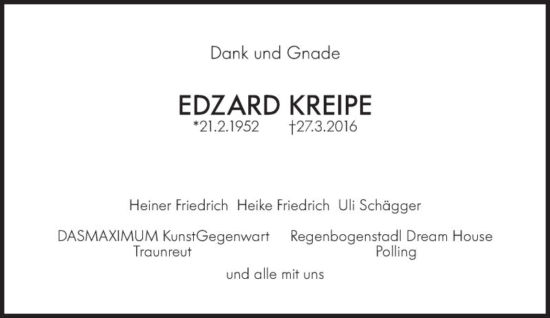  Traueranzeige für Edzard Kreipe vom 11.04.2016 aus SÜDDEUTSCHE ZEITUNG