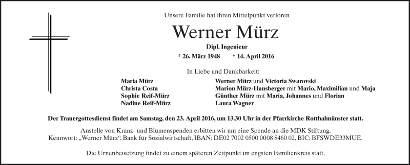  Traueranzeige für Werner Mürz vom 20.04.2016 aus Süddeutsche Zeitung