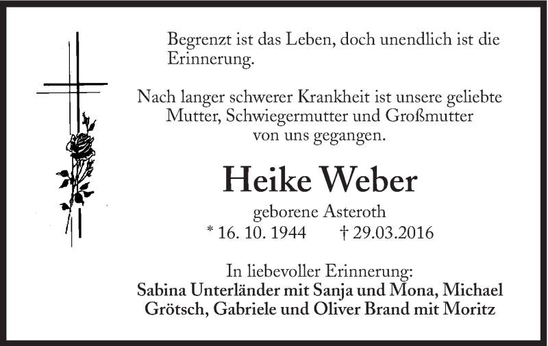  Traueranzeige für Heike Weber vom 09.04.2016 aus Süddeutsche Zeitung