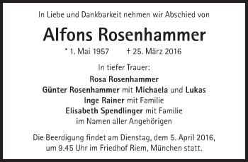 Traueranzeige von Alfons Rosenhammer von Süddeutsche Zeitung