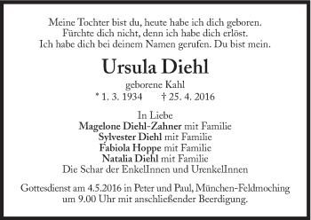 Traueranzeige von Ursula Diehl von Süddeutsche Zeitung
