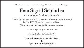 Traueranzeige von Sigrid Schindler von Süddeutsche Zeitung