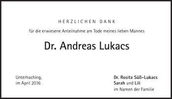 Traueranzeige von Andreas Lukacs von Süddeutsche Zeitung