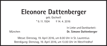 Traueranzeige von Eleonore Dattenberger von Süddeutsche Zeitung