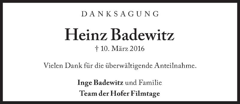  Traueranzeige für Heinz Badewitz vom 13.04.2016 aus Süddeutsche Zeitung