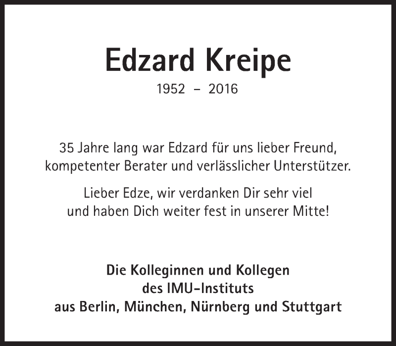  Traueranzeige für Edzard Kreipe vom 16.04.2016 aus Süddeutsche Zeitung