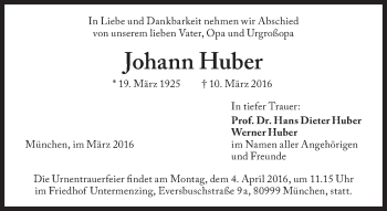 Traueranzeige von Johann Huber von Süddeutsche Zeitung