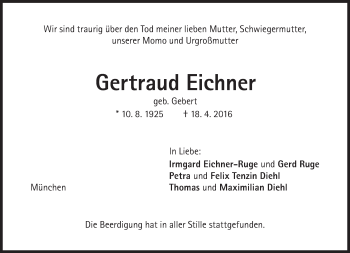 Traueranzeige von Gertraud Eichner von Süddeutsche Zeitung