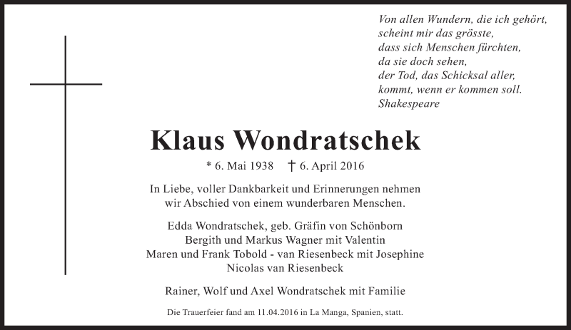  Traueranzeige für Klaus Wondratschek vom 16.04.2016 aus Süddeutsche Zeitung