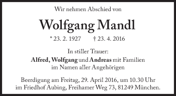 Traueranzeige von Wolfgang Mandl von Süddeutsche Zeitung