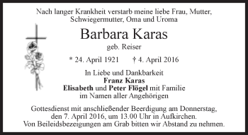 Traueranzeige von Barbara Karas von Süddeutsche Zeitung
