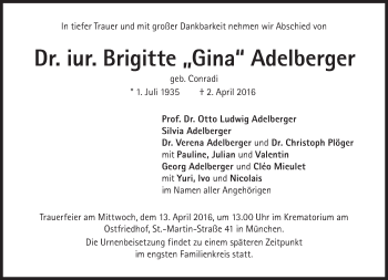 Traueranzeige von Brigitte  Adelberger von Süddeutsche Zeitung