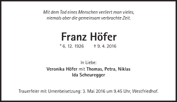 Traueranzeige von Franz Höfer von Süddeutsche Zeitung