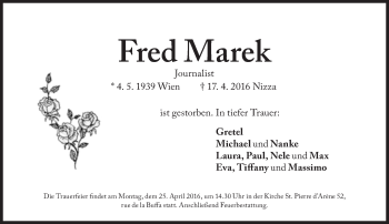 Traueranzeige von Fred Marek von Süddeutsche Zeitung
