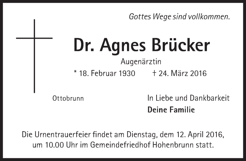  Traueranzeige für Agnes Brücker vom 09.04.2016 aus Süddeutsche Zeitung