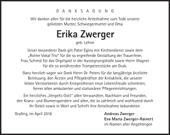 Traueranzeige von Erika Zwerger von Süddeutsche Zeitung