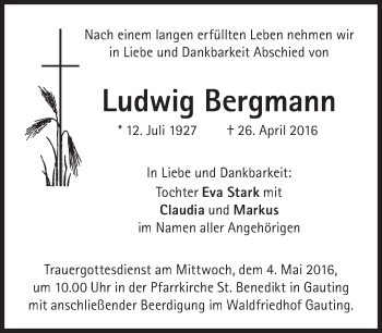 Traueranzeige von Ludwig Bergmann von Süddeutsche Zeitung