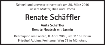 Traueranzeige von Renate Schäffler von Süddeutsche Zeitung