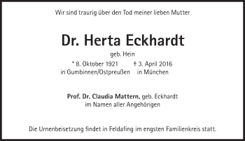 Traueranzeige von Herta Eckhardt von Süddeutsche Zeitung