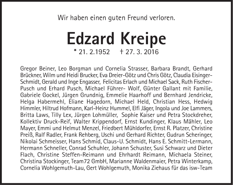  Traueranzeige für Edzard Kreipe vom 09.04.2016 aus Süddeutsche Zeitung