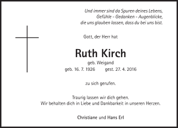 Traueranzeige von Ruth Kirch von Süddeutsche Zeitung
